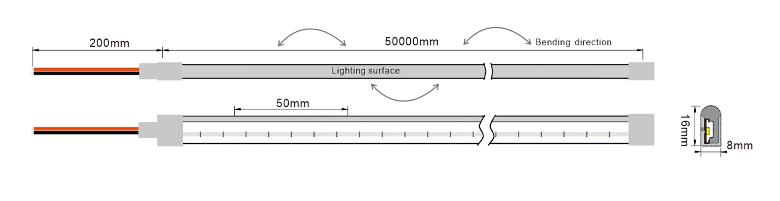 1. `YS-NR0816A-W100 neon LED strip dimension: 100LEDs/m, 1cm cuttable, 8×16mm profile`