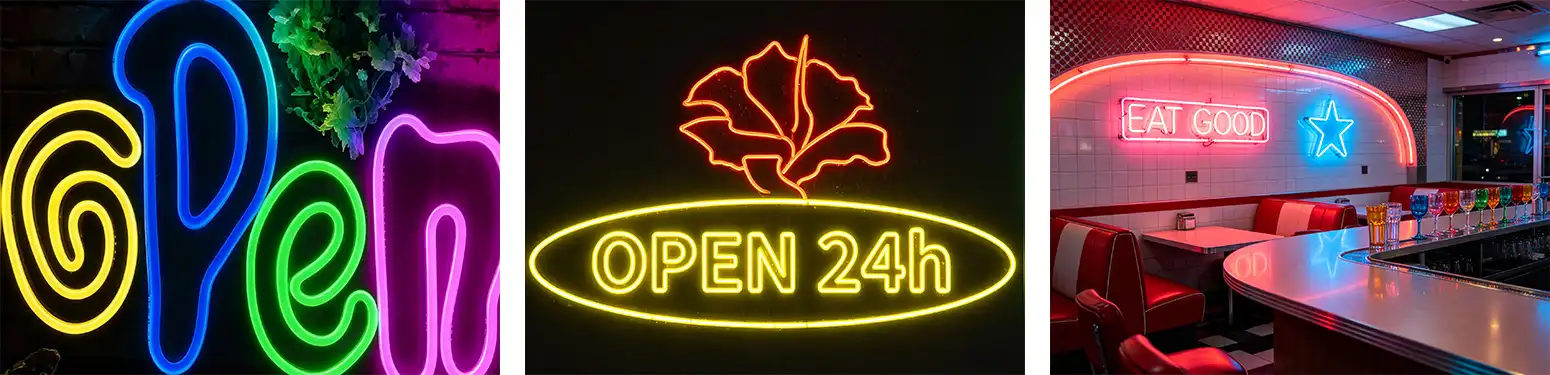 Colorful neon sign letters, logos and commercial displays