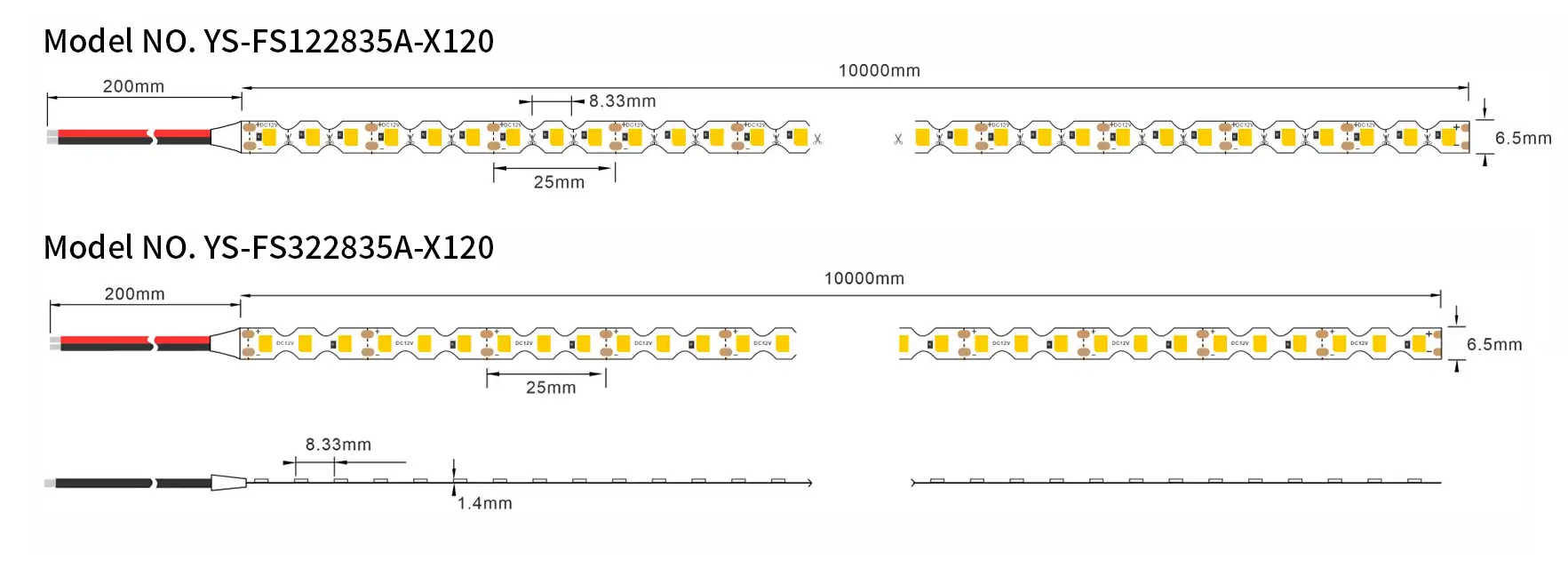 S Shape 120LEDs/m 2835 LED Strip Lights Dimension Drawing