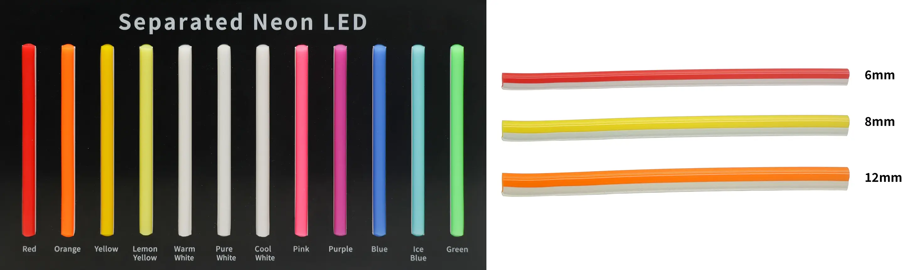 6mm, 8mm and 12mm silicone neon tubes in multiple colors