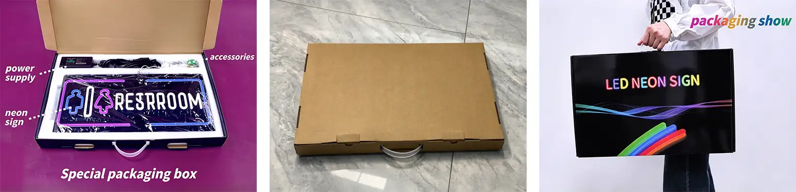 LED neon sign board packaging and shipping information with power supply, accessories and carton dimensions