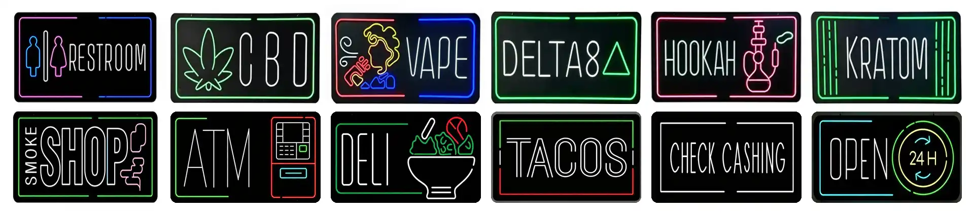 Twelve pre-designed LED neon sign board styles including restroom, CBD, vape, hookah, ATM and Open 24H signs