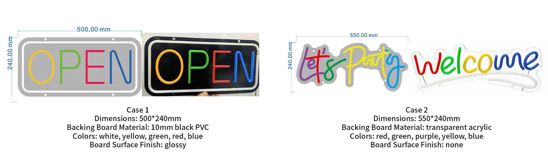 Custom LED neon sign board examples showing backboard dimensions, materials, LED colors and surface finishes