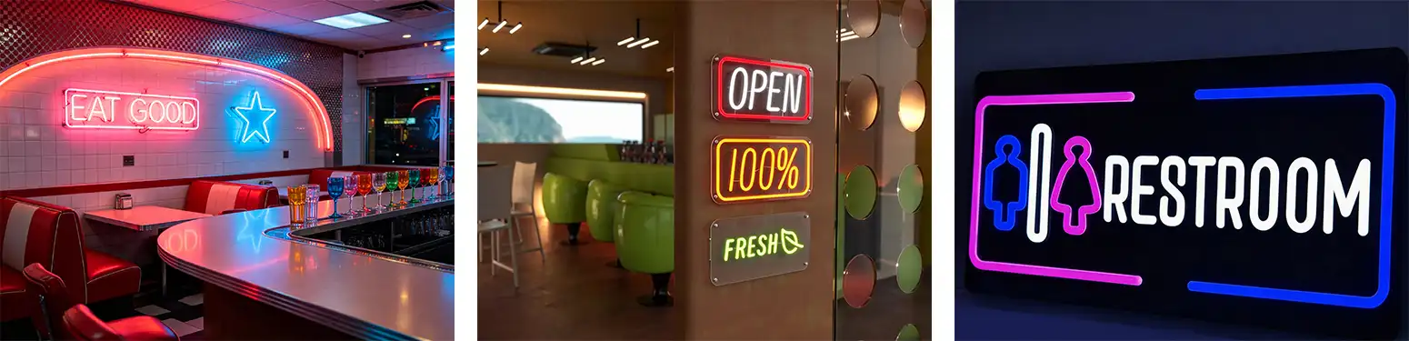 Complete LED neon sign board features with finished backboard, custom options and illuminated sign examples