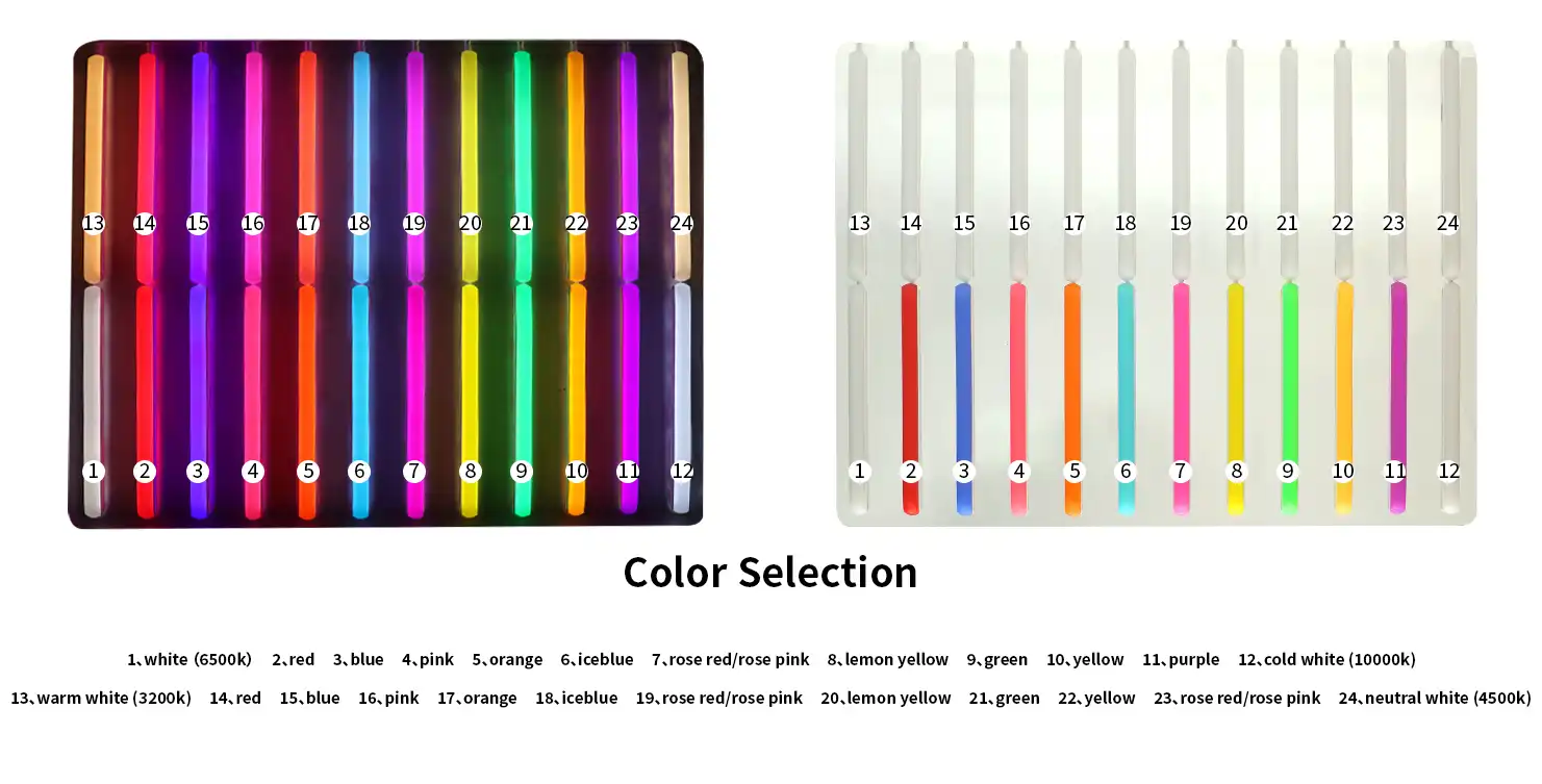 24 LED neon sign board color options showing LED colors and silicone neon tube combinations