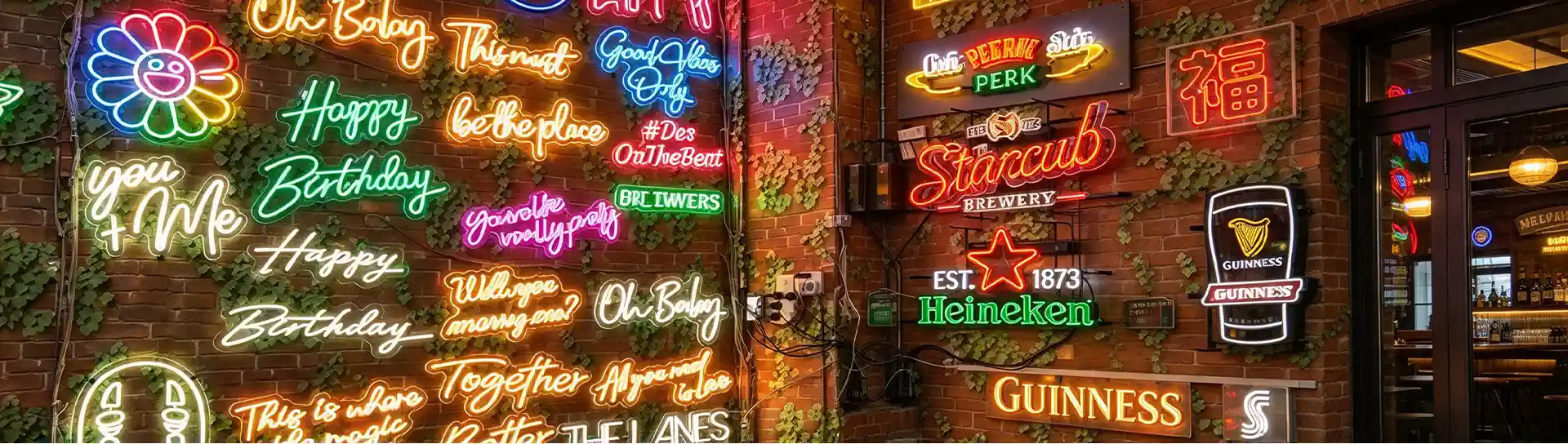 Complete LED neon sign board with finished backboard and illuminated custom neon sign examples
