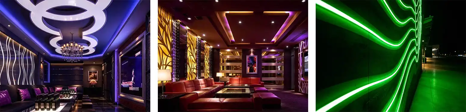Recommended applications for side-emitting flexible neon LED strip in display shelves, ceiling coves, sign frames, letter edges and custom decorative lighting